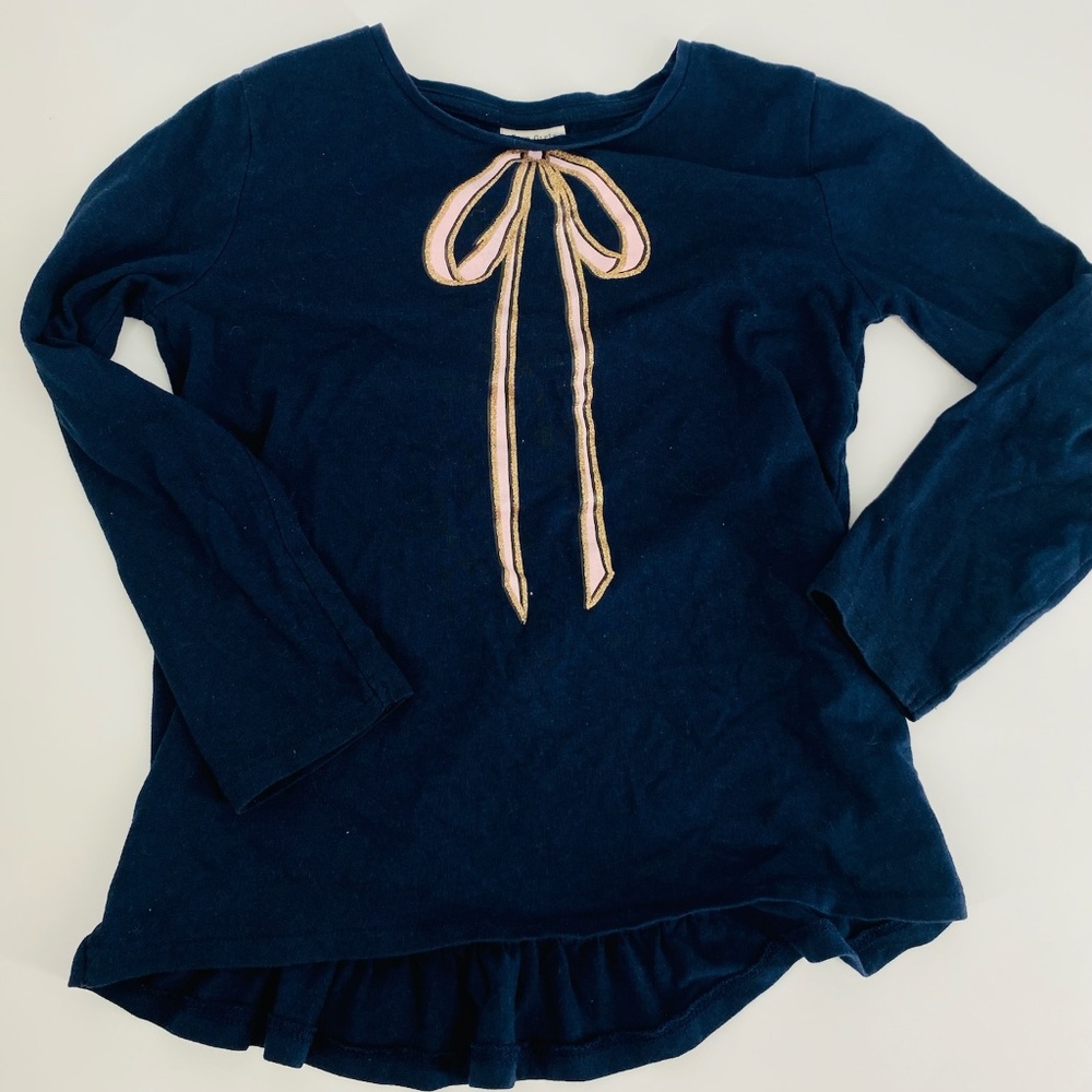 Pre-Owned Zara Dark Blue Long Sleeve Shirt, Size 7 – Pink Bow & Gold Details